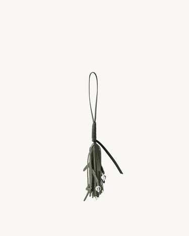 Forest green leather tassel charm for bags with clear beads, featuring embossed Songmont logo.