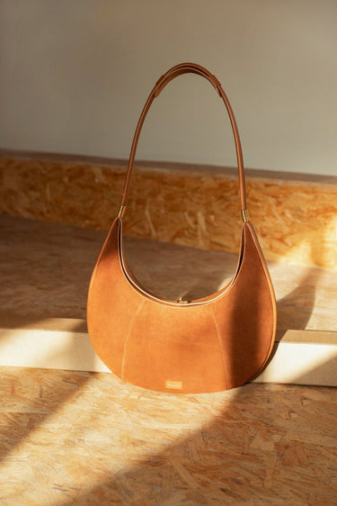 Extra Large Luna Bag in caramel suede and leather with gold hardware. Songmont bag.