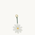 White leather daisy charm with yellow center on a green strap and gold ring.
