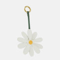 White leather daisy charm with yellow center and green strap on a gold ring