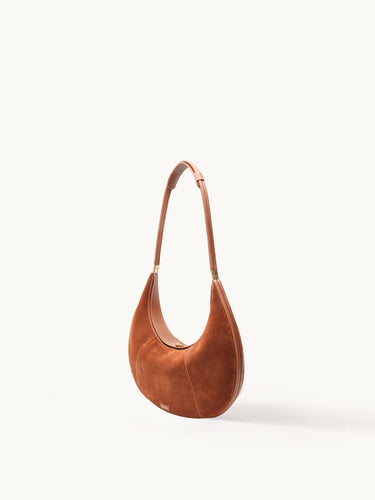 Extra Large Luna Bag in caramel suede and leather with gold hardware.