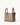 Songmont large leather bucket bag in taupe with double top handles and a minimalist design.