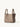 Songmont large leather bucket bag in taupe with double top handles and a minimalist design.