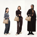 Large Song Bag in Cream Apricot shown on models of 160cm, 170cm, and 178cm.