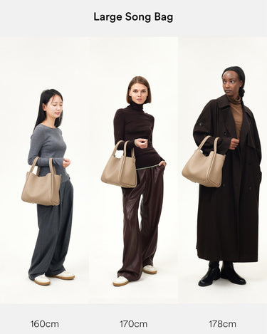 Large Song Bag in Cream Apricot shown on models of 160cm, 170cm, and 178cm.