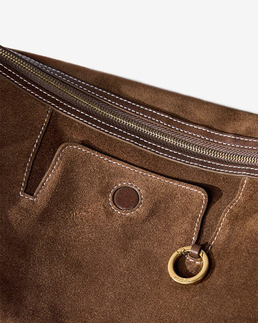 Large Yore Hobo Bag, Sandal Suede: rich brown cow suede, white stitching, gold hardware.
