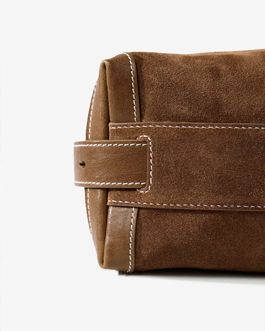 Large Yore Hobo Bag in Sandal Suede, showing cow suede texture, leather trim, and white stitching detail.