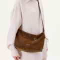 Large Yore Hobo Bag in Sandal Suede, crafted from soft cow suede leather with gold hardware. Minimalist design.