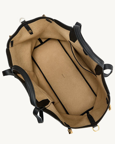 Black leather Large Yore Tote Bag with open interior, showcasing tan lining and internal pockets.