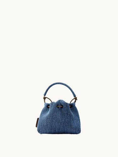 Blue denim Lucky Pouch Charm with braided handle and leather tag. Fabric & leather, 11cm.