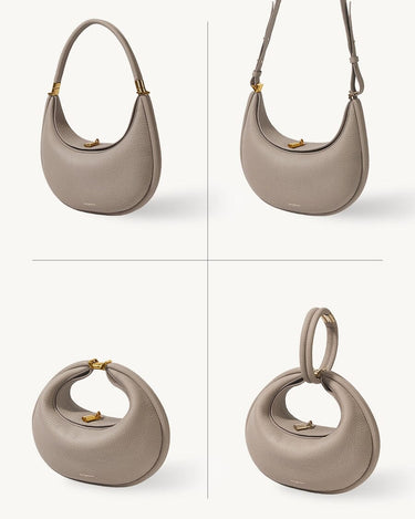 Textured leather Luna Bag in Cobble with gold hardware, shown from multiple angles with shoulder strap and handle options.