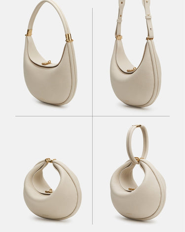 Ivory pebble leather Luna Bag with gold hardware, shown from multiple angles and convertible strap styles.
