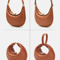 Luna Bag in Eco Caramel vegan leather with gold hardware, showcasing versatile carrying options.
