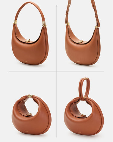 Luna Bag in Eco Caramel vegan leather with gold hardware, showcasing versatile carrying options.