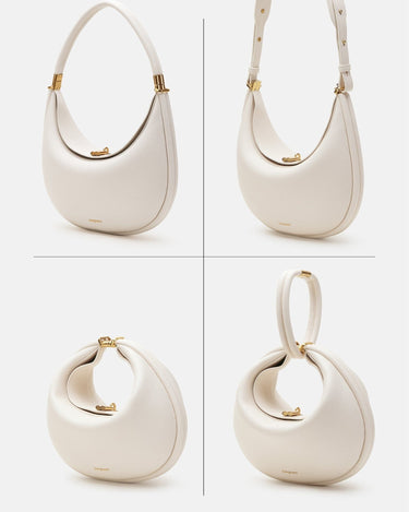 Eco Cloud vegan leather Luna Bag by Songmont with gold hardware, shown in multiple carrying styles.