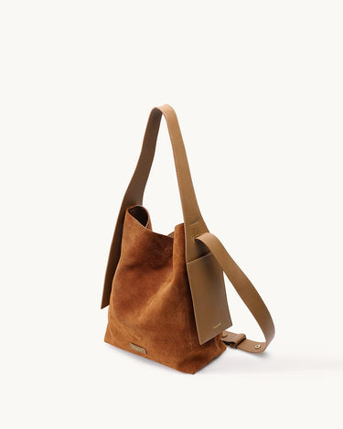 Medium caramel brown suede tote bag with leather strap and side pocket