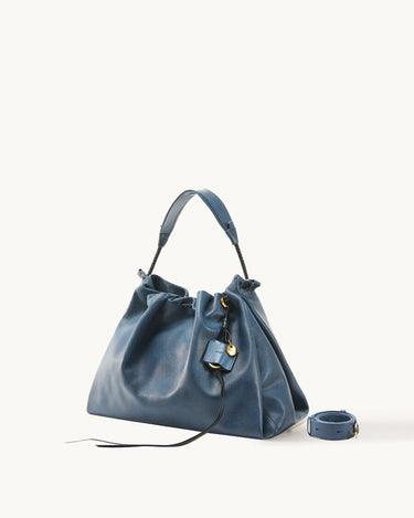 Medium Gather Bag Set in navy blue Nappa leather with gold hardware and adjustable strap.