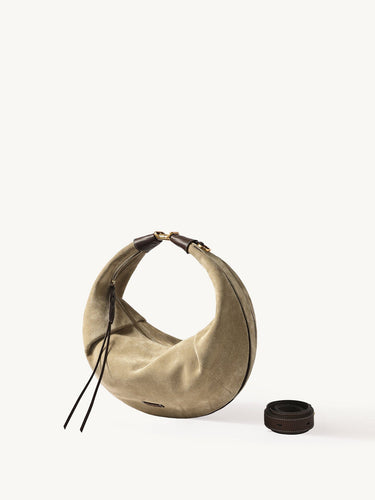 Large Luna Hobo Bag in dune suede with dark brown leather accents and a detachable strap.