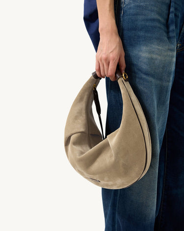 Large Luna Hobo Bag in Dune Suede, a slouchy hobo bag with leather trim.
