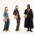 Medium Song Bag in cream apricot shown on models of varying heights: 160cm, 170cm, and 178cm.