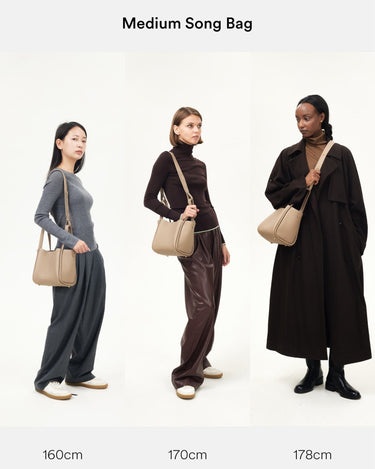 Medium Song Bag in cream apricot shown on models of varying heights: 160cm, 170cm, and 178cm.