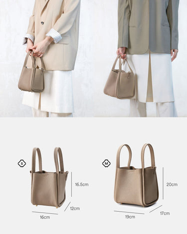 Medium Song Bag in taupe pebbled full-grain leather, shown with dimensions compared to the Small Song Bag.