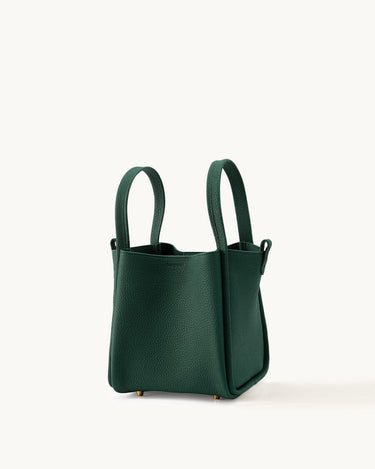 Emerald Medium Song Bag: structured leather bucket bag with two top handles and protective metal feet.