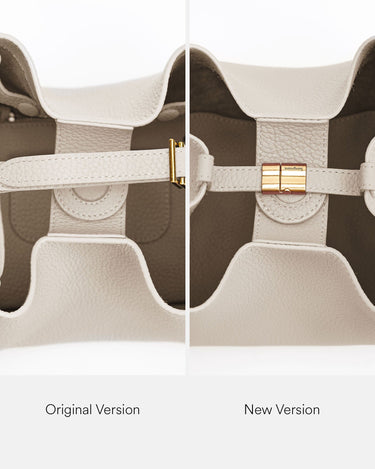Comparison of Medium Song Bag: Original version shows a gold buckle, new version features a Songmont engraved clasp.