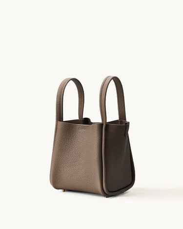 Medium Song Bag in taupe full-grain leather with textured finish and two top handles