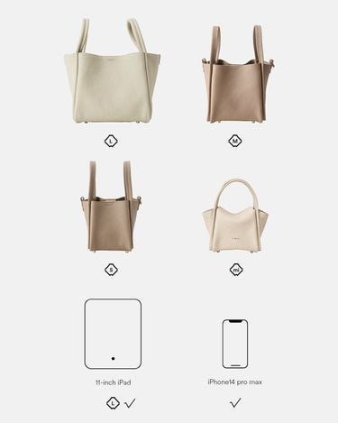 Songmont Medium Song Bag sizes: L cream, M taupe, S taupe, mini cream. Fits 11-inch iPad and iPhone 14 Pro Max.