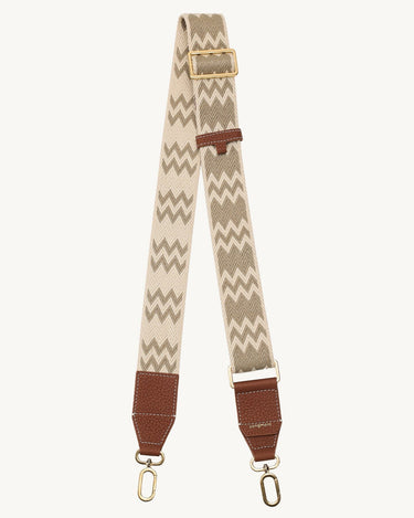 Songmont beige and taupe zig-zag strap with leather ends and gold hardware
