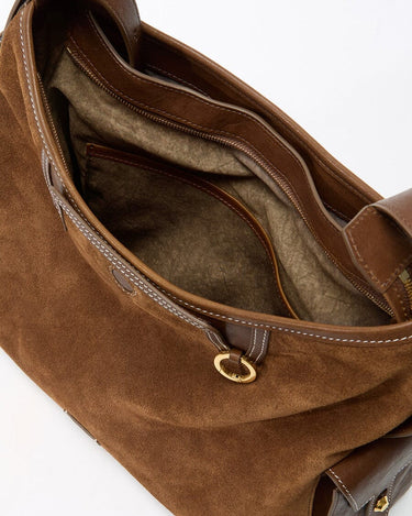 Medium Yore Hobo Bag in Sandal Suede, showing interior with zippered and slip pockets.