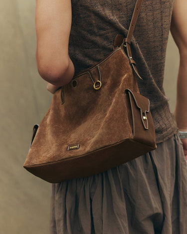 Medium Yore Hobo Bag in Sandal Suede with textured cow suede and vegetable-tanned leather accents.