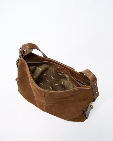 Medium Yore Hobo Bag in Sandal Suede with open compartment and patterned interior lining