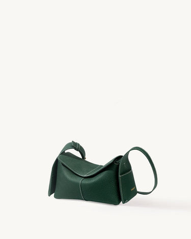 Emerald green Mini Drippy Roof Bag with textured leather and white stitching