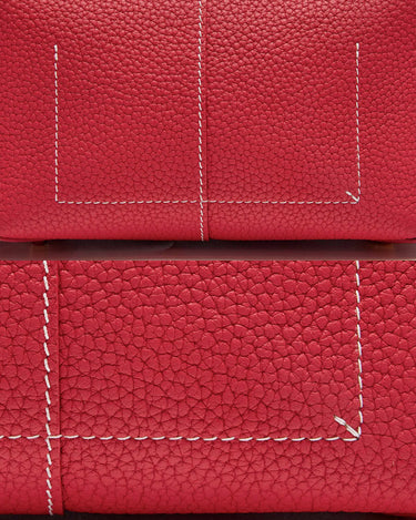 Red full-grain leather mini drippy roof bag with white contrast stitching