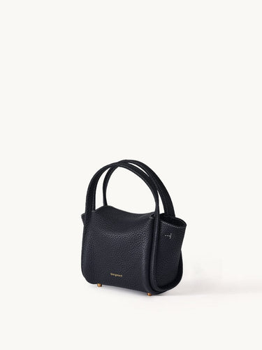 Mini Song Bag in Onyx black full-grain leather with gold embossed logo and hardware.