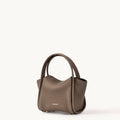 Taupe pebble-grain leather Mini Song Bag with gold embossed logo and top handles.