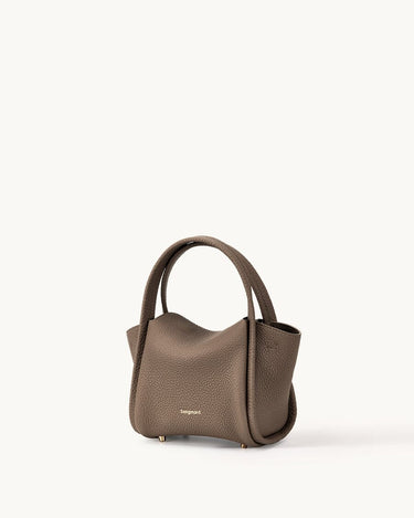 Taupe pebble-grain leather Mini Song Bag with gold embossed logo and top handles.