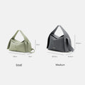 Small and medium Songmont Drippy Roof Bags in sage green and charcoal grey, showcasing dimensions and pebble leather texture.