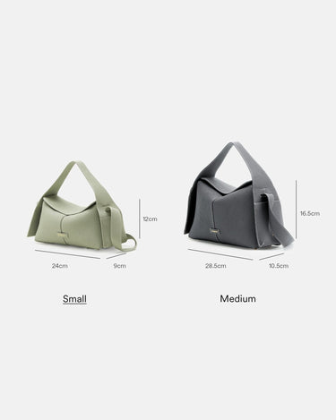 Small and medium full-grain leather drippy roof bags in green and grey with dimension labels.