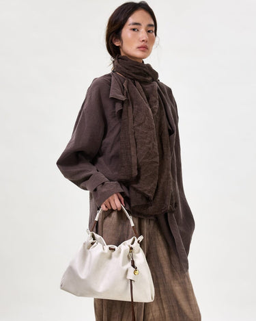 Small Gather Bag Set in Cloud color, featuring a gathered design and contrast tone leather accents.