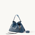 Navy Small Gather Bag Set with drawstring, leather strap, and gold charm.