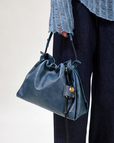 Navy Small Gather Bag Set in Nappa leather with braided straps and gold hardware.