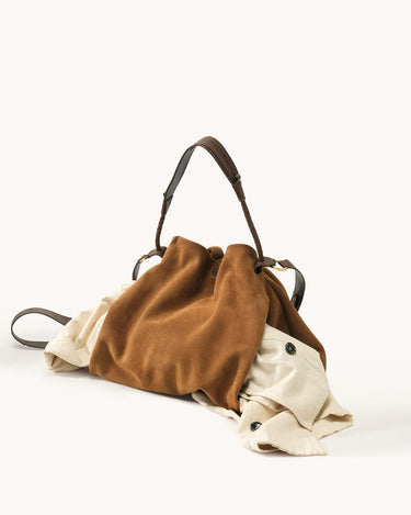 Ochre Suede Small Gather Bag Set, cow suede and full-grain leather, adjustable straps.