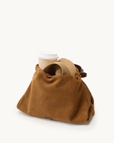 Ochre suede small gather bag set with straw hat and coffee cup
