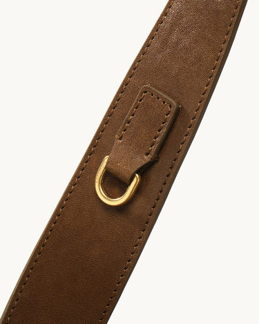 Brown leather bag strap detail with gold D-ring on Small Gather Bag Set