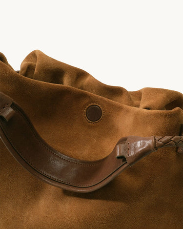 Small Gather Bag Set in Ochre Suede, featuring cow suede leather and dark brown leather strap with braided detail.