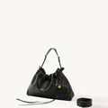 Black leather Small Gather Bag Set with braided handle and adjustable strap.