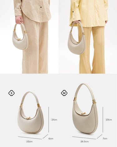Ivory Small Luna Bag: pebbled leather, curved shape, gold hardware. Sizes S (23x6x21cm) and M (26.5x7x23cm) shown.